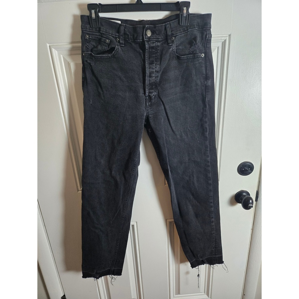 GAP Women Cheeky Straight High Rise Jeans Black Button Fly Distressed 31 12 Tall